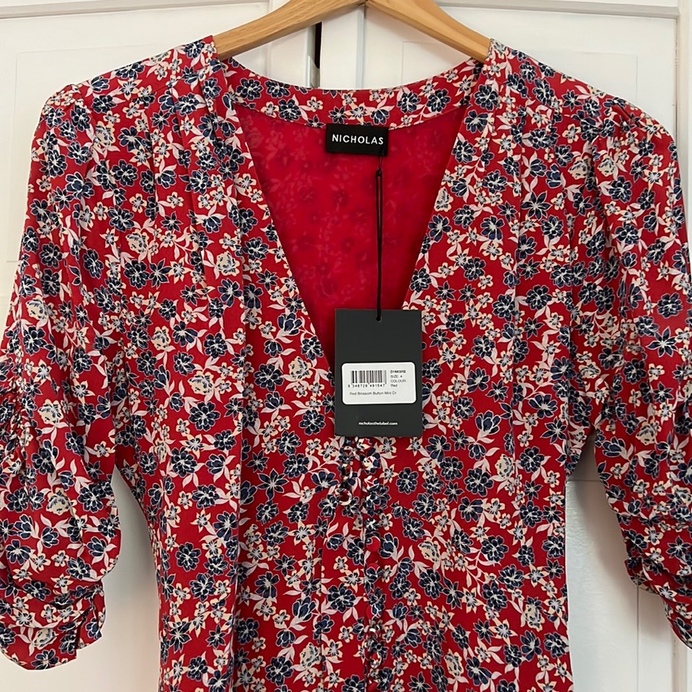 Nicholas The Label Red Blossom Button Mini Dress
